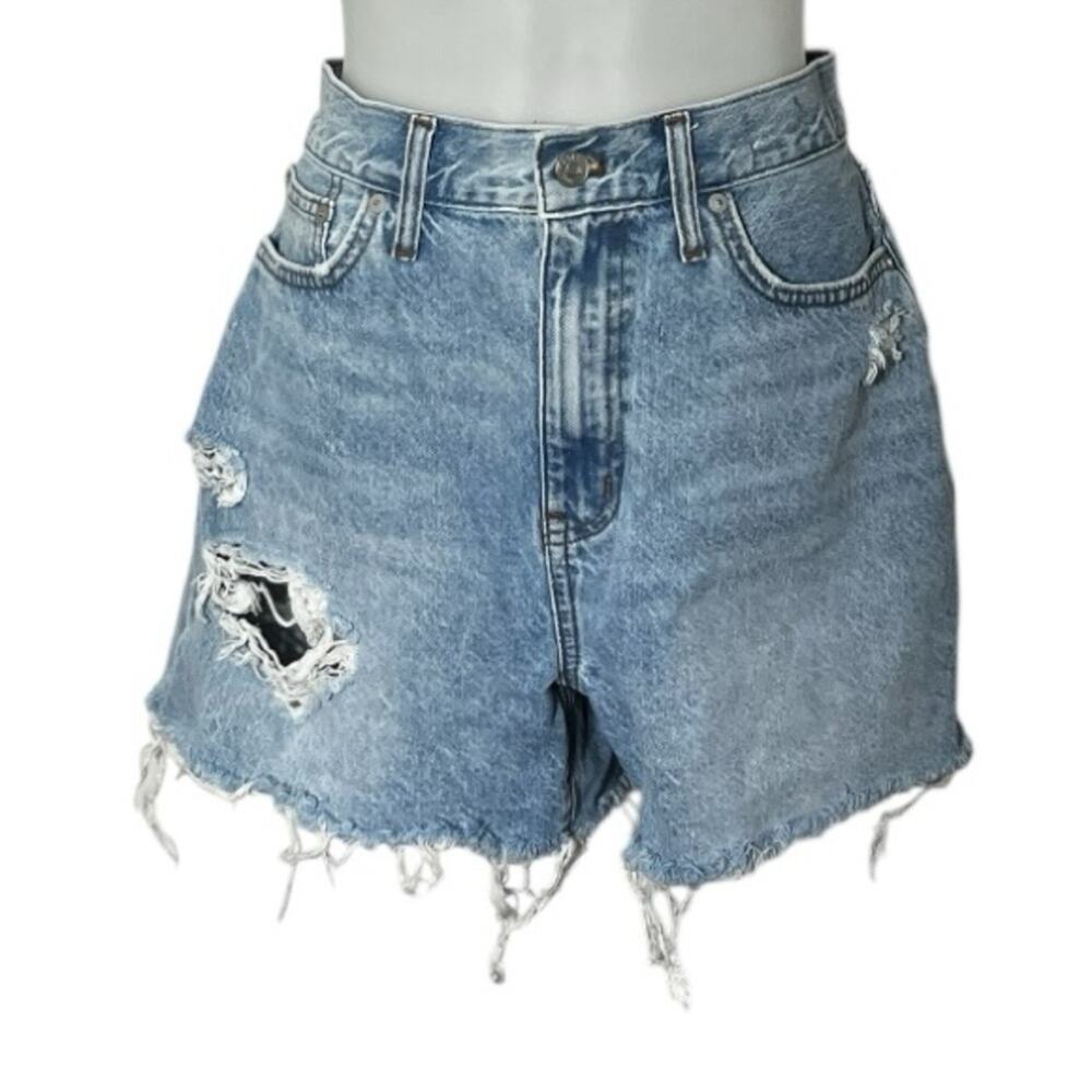 28 Madewell The Momjean Shorts Womens Blue Denim Distressed Cut Off Hi-Rise Boho